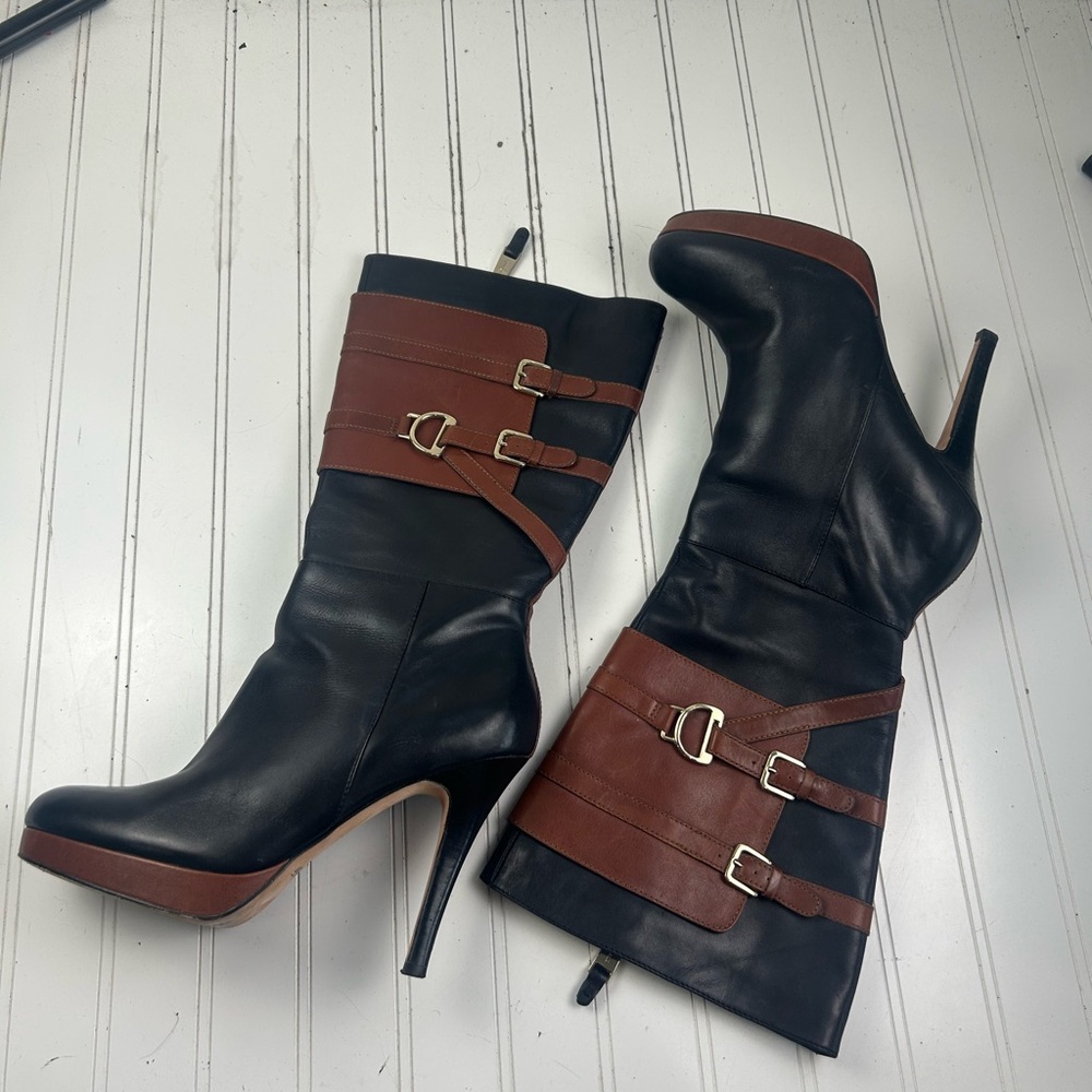 Cole Haan Carolyn Equestrian Black Brown Leather Boots Womenโs Size 10 - Picture 10 of 11